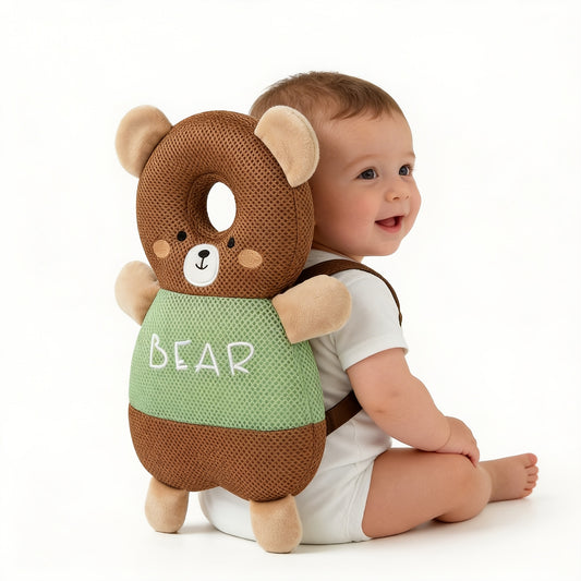 Plush Baby Head Cushion Backpack with Astronaut, Pink Rabbit or Brown Bear Design, Adjustable Straps for Supervised Crawling and First Steps