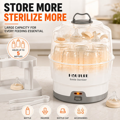 One-Button Baby Bottle Steam Sterilizer, BPA-Free White Countertop Sanitizer with Accessory Rack and Auto Shut-Off for Compatible Feeding Parts