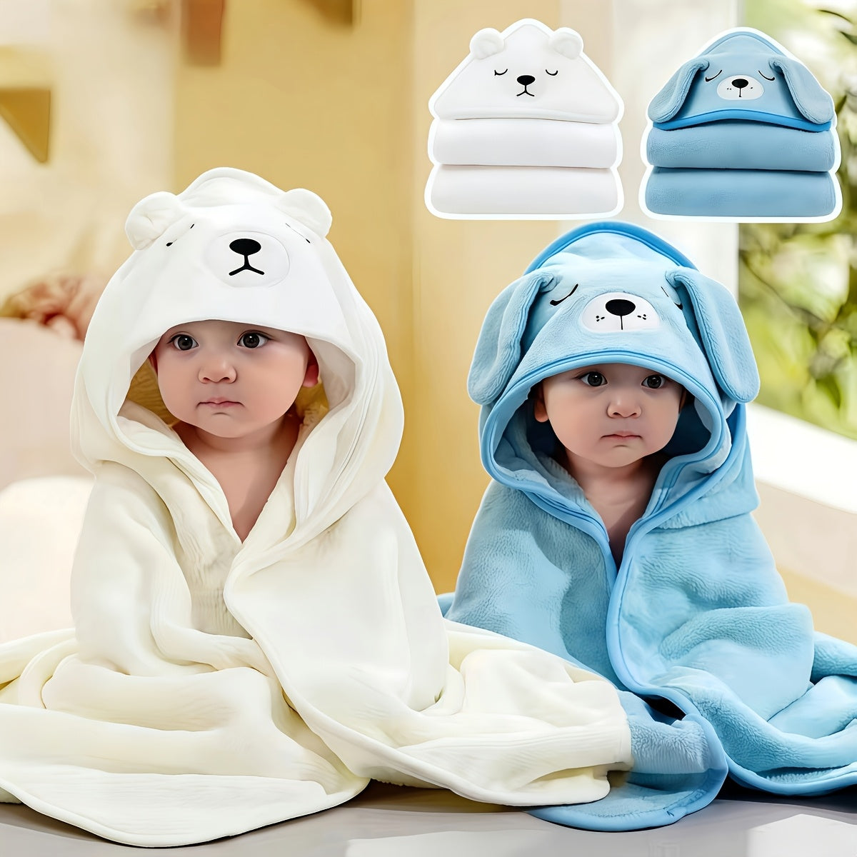 Baby Bath Towels and Swaddle Wraps for Newborns and Toddlers, Soft Absorbent Dual-Purpose Printed Towels in Two-Piece Color Sets