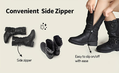 Buckle-Zip Knee-High Winter Boots for Girls - Plush Faux Fur Lined, Textured TPR Sole with Stable Heel, Cozy Warm Fashion Boots for Cold Weather, Toddler to Big Kid