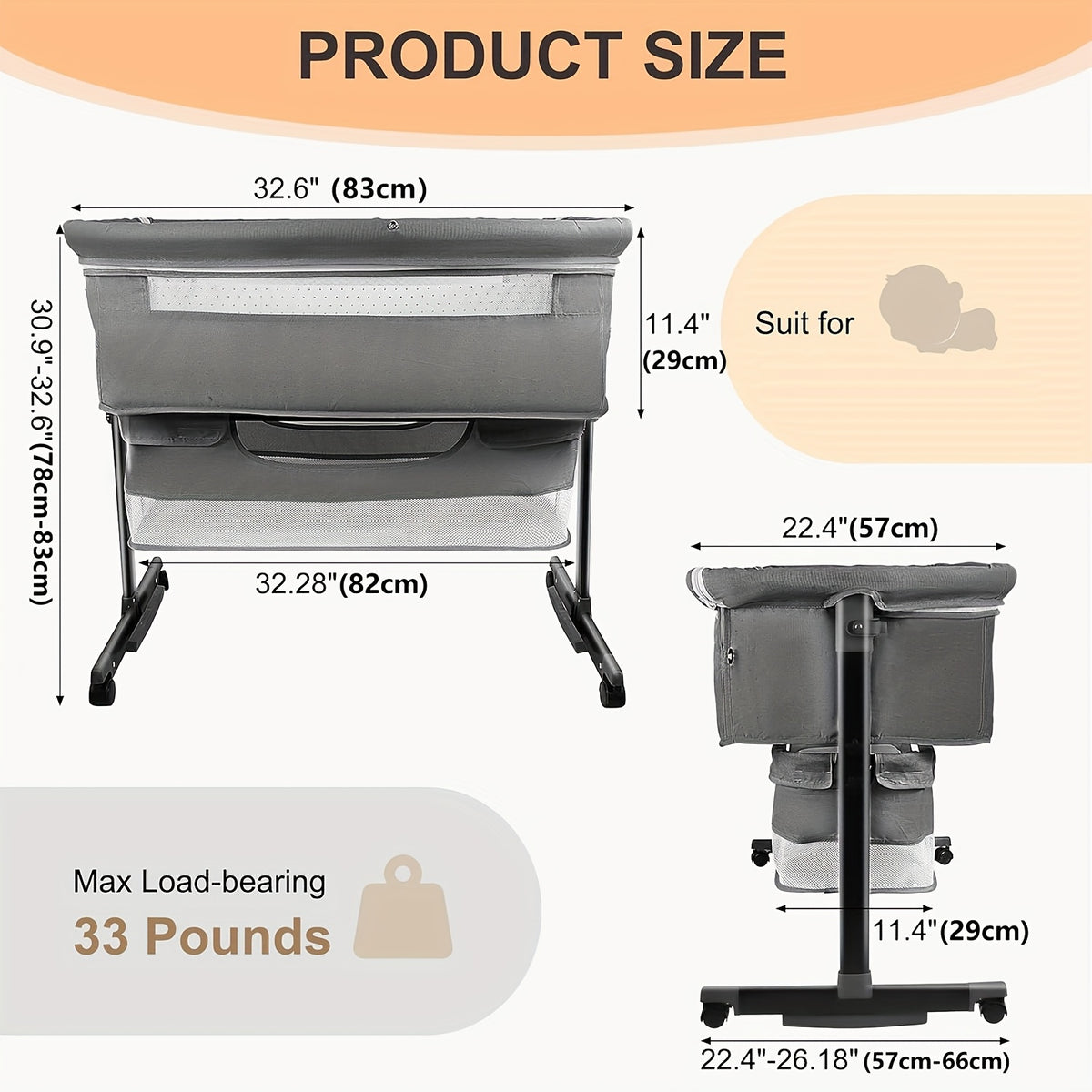 Adjustable Bedside Baby Bassinet with Lockable Wheels, Mosquito Net, Storage Bag and Mattress, Pink or Dark Gray Infant Sleeper