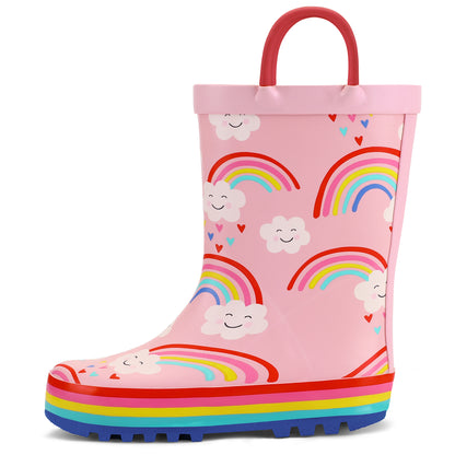 Easy-On Kids Rain Boots with Pull-Up Handles, Soft PVC Toddler to Big Kid Boots with Rainbow Unicorn and Color Options for Rainy Days and Outdoor Play