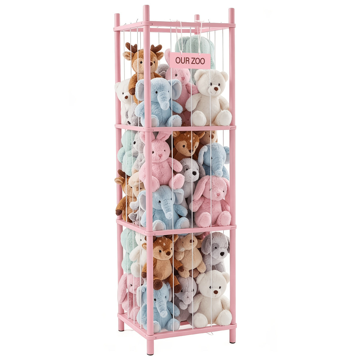 Plush Toy Storage Organizer for Kids' Bedroom and Playroom, Stuffed Animal Holder in Wood-Look, White or Pink Options for Children's Spaces