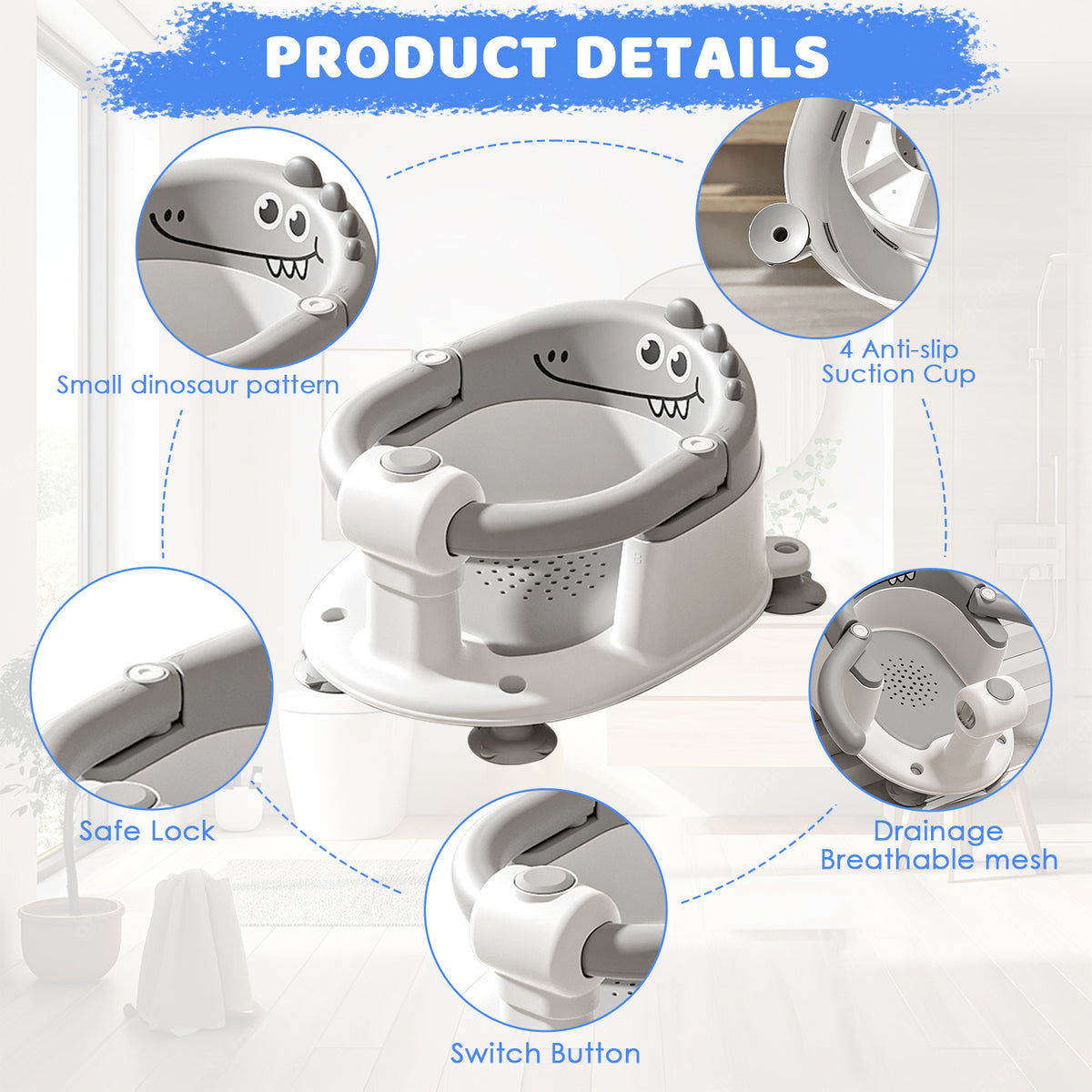 Dinosaur Infant Bath Chair with Soft Cushion and Suction Cups, Non-Slip Baby Bath Seat for Independently Sitting Babies 6 Months and Up with Adult Supervision