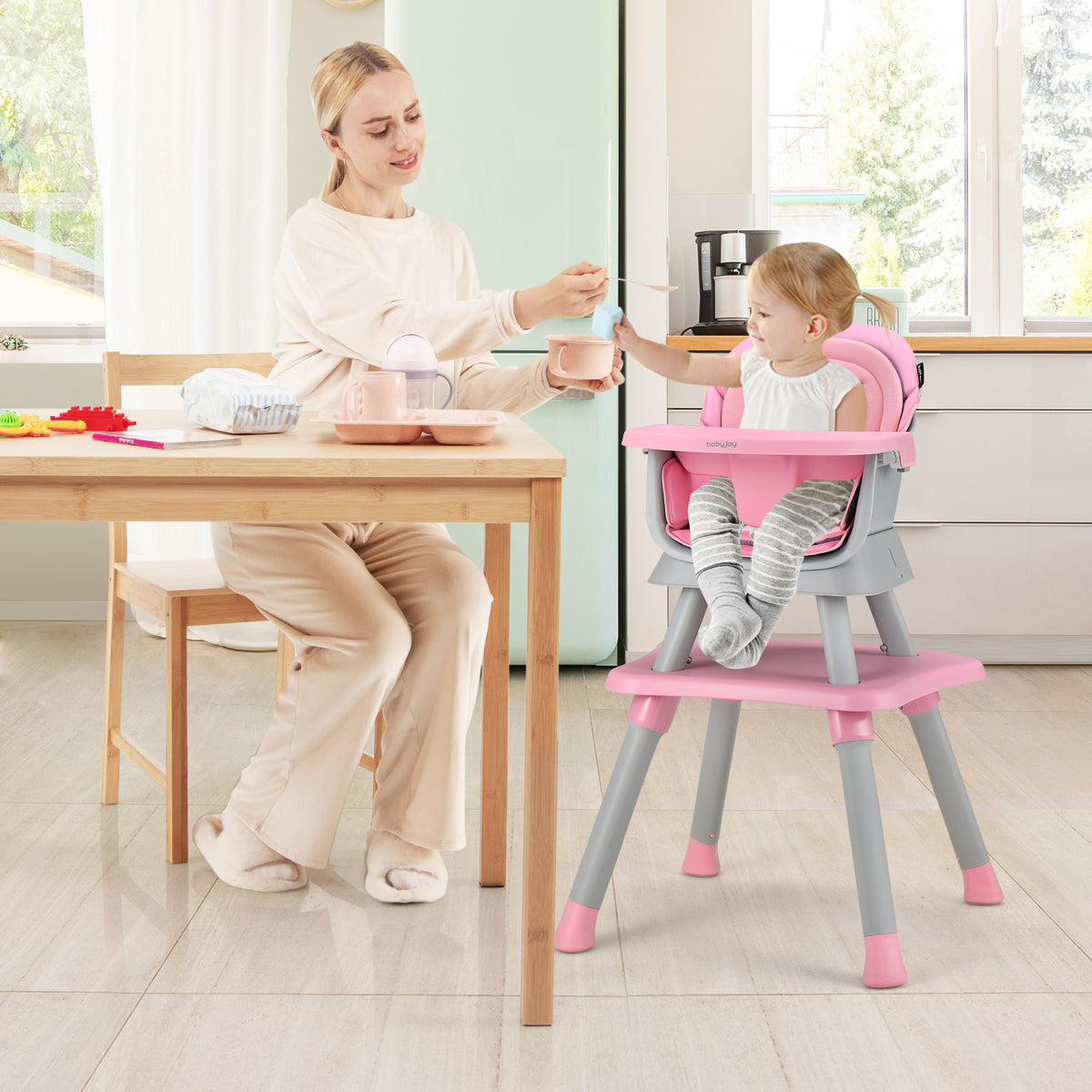 8-in-1 Baby High Chair with Activity Table, BABYJOY Convertible Feeding Seat with Removable Tray, Booster Mode and 5-Point Harness for Ages 6 Months to 6 Years