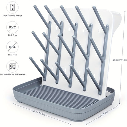 Vertical Baby Bottle Drying Rack, Large Space-Saving Holder for Bottles, Breast Pump Parts and Feeding Accessories, Sturdy Easy-Clean Design in Gray