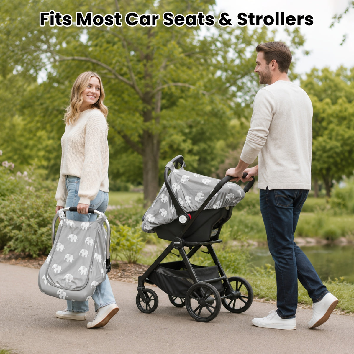 Stretchy Infant Carrier Cover with Large Window, Beavtaens Breathable Baby Car Seat Canopy in Elephant, Flower, Leaves, Rainbow or Sun Prints