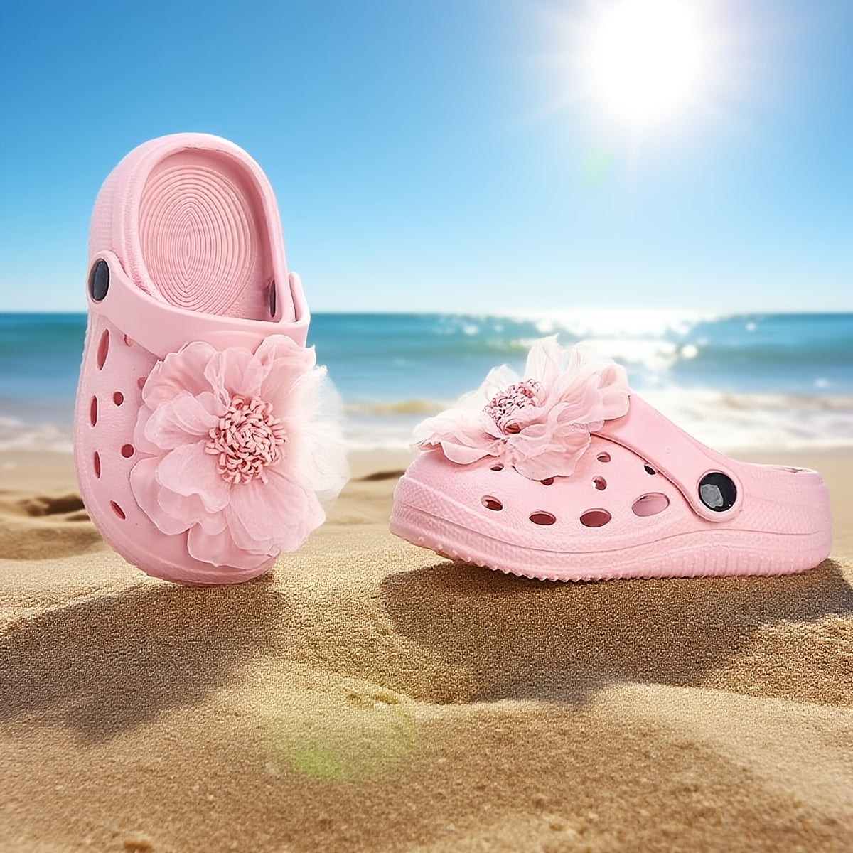 Pink Flower Kids Slippers for Girls, Soft-Feel Summer Slip-On Clog-Style Shoes for Toddler and Little Kid Sizes, Casual Beach Vacation Looks