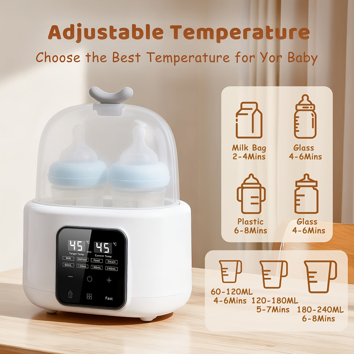 Digital Baby Bottle Warmer 6-in-1 with Timer and Adjustable Temperature, White Countertop Milk Heater with Defrost, Keep Warm and Food Jar Warming