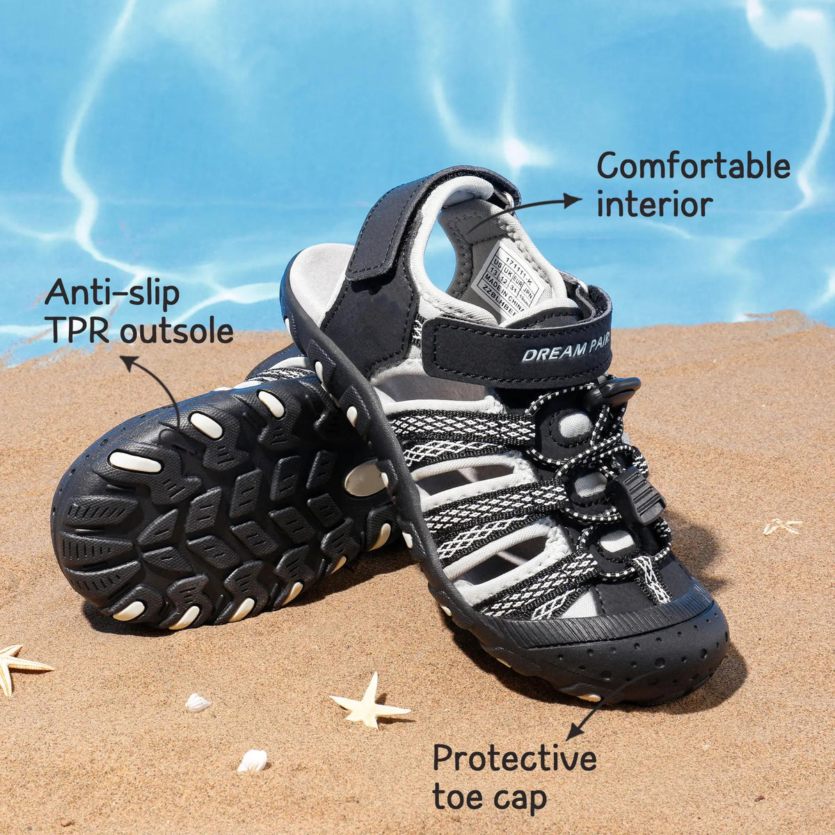 Closed Toe Kids Sport Sandals with Adjustable Straps, Breathable Water-Friendly Hiking and Beach Shoes for Toddlers, Little Kids and Big Kids