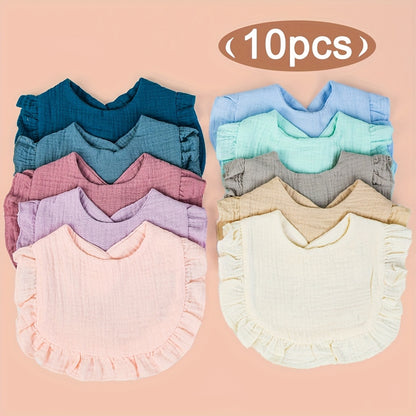 Adjustable Teething Drool Bibs 10-Pack, Solid Muslin Feeding Bibs for Unisex Baby Boys and Girls, Soft Absorbent Drooling Bibs for Newborns and Toddlers, Machine Washable