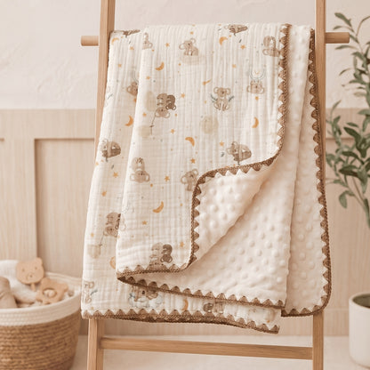 Double-Layer Baby Blanket with Cotton Gauze and Minky Dot Backing, 39.37 x 39.37 Inch Newborn Wrap in Bear, Rabbit and Dinosaur Prints