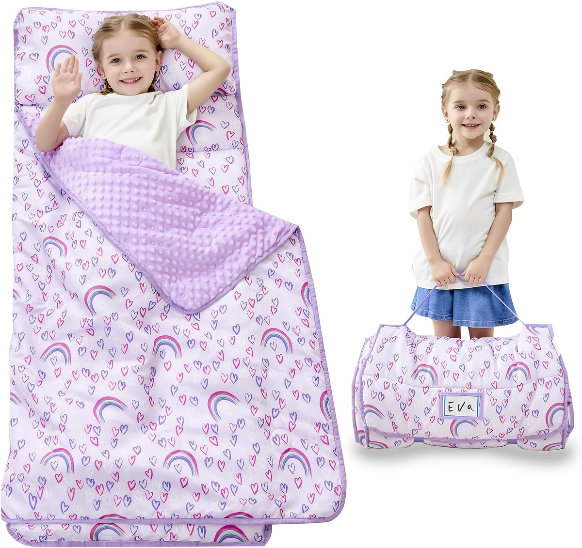 Kids Nap Mat with Pillow and Blanket for Preschool Daycare, Roll-Up Slumber Mat for Boys and Girls, Colorful Prints for Travel and Rest Time