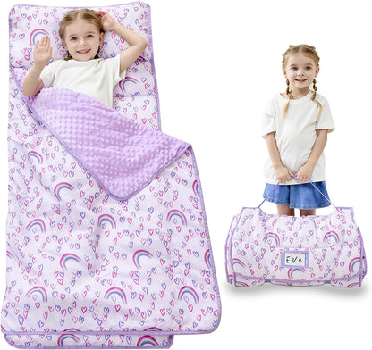 Kids Nap Mat with Pillow and Blanket for Preschool Daycare, Roll-Up Slumber Mat for Boys and Girls, Colorful Prints for Travel and Rest Time