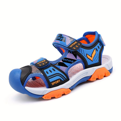 Boys Toe-Cap Sport Sandals with Two Adjustable Straps, Colorblock Summer Casual Shoes in Greenish Yellow or Sky Blue for Little Kid and Big Kid Outfits
