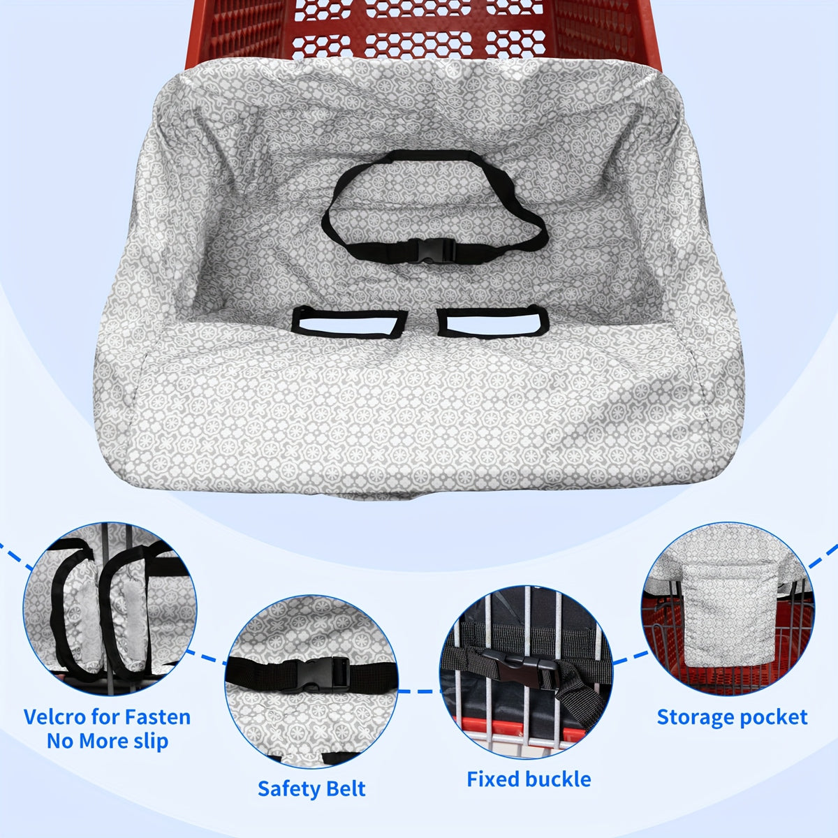 Padded Baby High Chair and Shopping Cart Seat Cover, Machine-Washable Portable Cushion with Attached Storage Bag in Grey Flower or Blue Owl