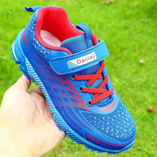 Boys Hook-and-Loop Sneakers in Blue, Breathable Low-Top Sport-Style Shoes with Geometric Pattern for Little Kid and Big Kid Casual Outings