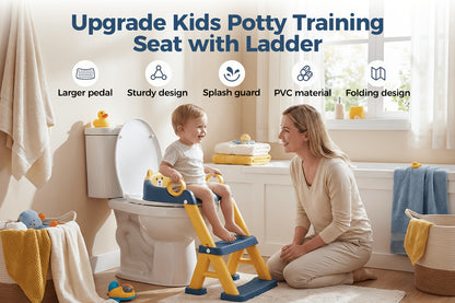 Toddler Toilet Seat with Steps, 2-in-1 Potty Training Seat with Splash Guard, Non-Slip Step Stool and Soft Mat for Boys and Girls, Cleaning Brush Included