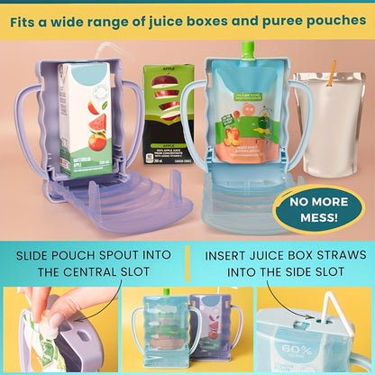 Toddler Food Pouch Holder 2-Pack by PINDAR, Purple Reusable Anti-Squeeze Holders with Dual Handles for Yogurt Pouches and Juice Boxes
