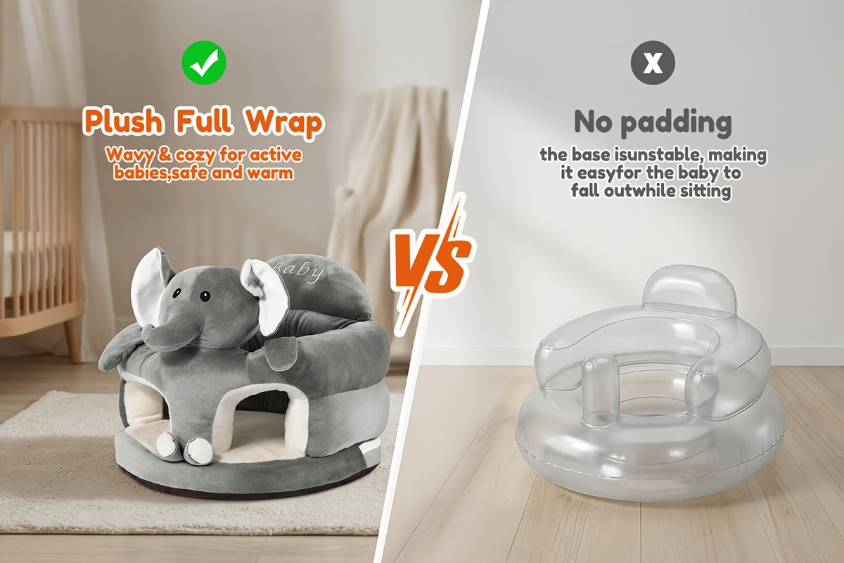 Plush Toddler Floor Seat with Back Support, Cartoon Elephant or Bear Baby Sofa Chair for Supervised Sitting and Play in Nursery or Living Room