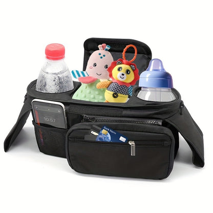 Stroller Console Bag with Dual Cup Holders, Black Hanging Organizer with Detachable Wristlet Phone Pouch and Adjustable Shoulder Strap