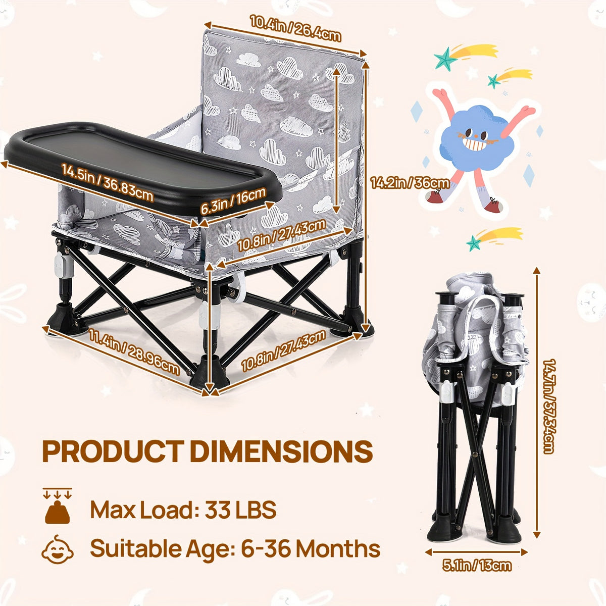Baby Travel Dining Chair with Tray, Portable Folding Feeding Seat with Kitchen Chair Attachment Straps for Indoor Meals and Outdoor Outings