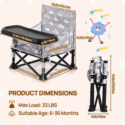 Baby Travel Dining Chair with Tray, Portable Folding Feeding Seat with Kitchen Chair Attachment Straps for Indoor Meals and Outdoor Outings