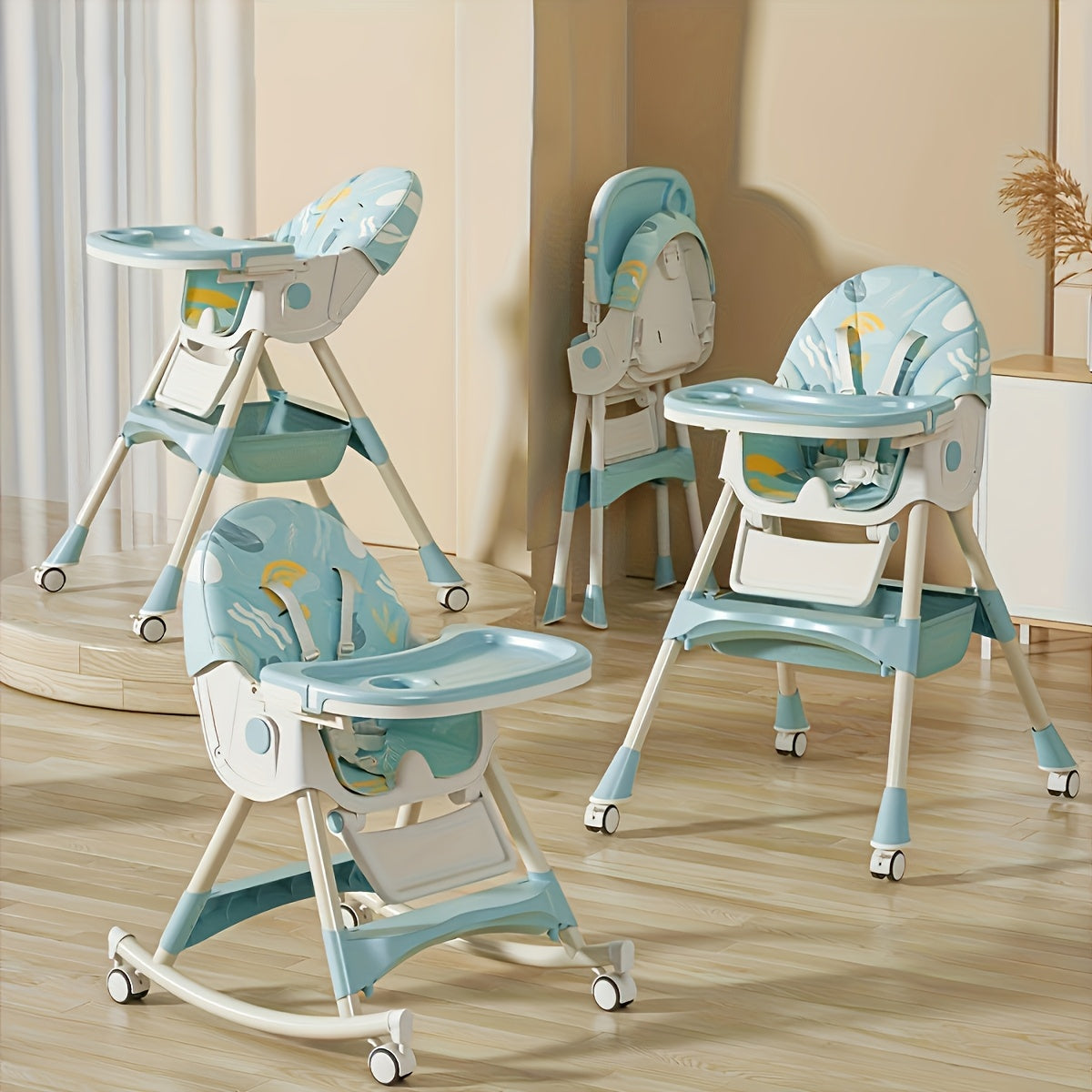 Convertible Baby Feeding Chair with Tray, Adjustable Folding High Chair with Padded Seat and Rocking Configuration for Home Mealtimes