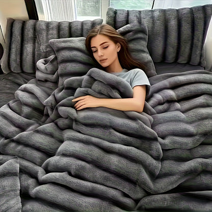 Striped Faux Rabbit Fur Throw Blanket with Flannel Back, Double-Sided Sofa and Bed Cover in Throw, Twin XL, Queen or King Sizes and Multiple Colors