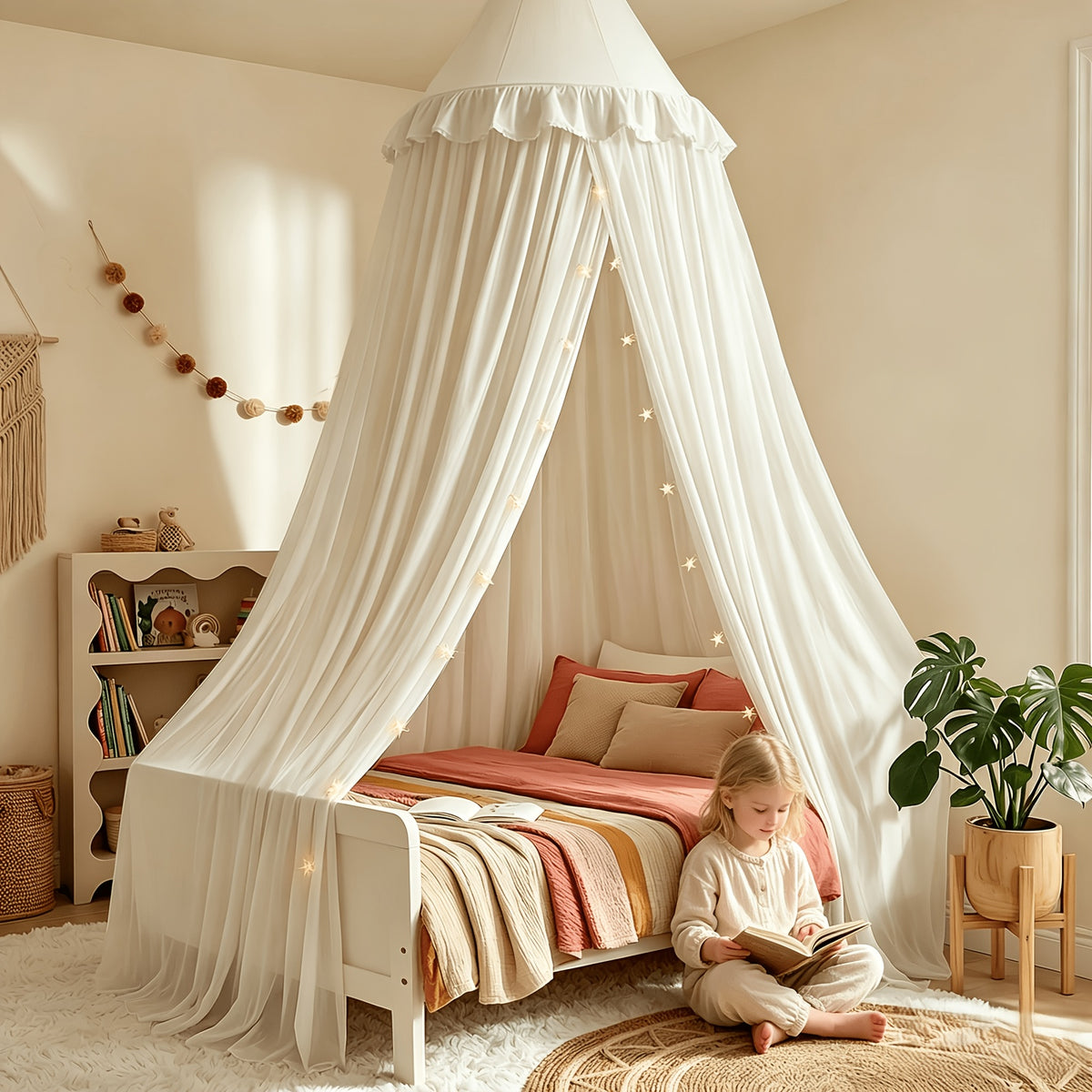 Princess Bed Canopy Tent with Star Night Light, Hammock Style Kids Bed Curtain Dome Mosquito Net, Double Layer Dustproof Breathable Reading Nook Drape for Toddler and Adult Beds, Machine Washable, White Pink Purple