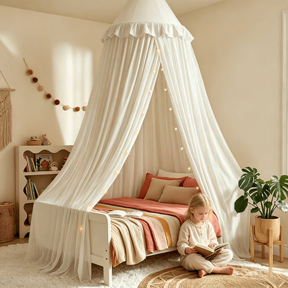 Princess Bed Canopy Tent with Star Night Light, Hammock Style Kids Bed Curtain Dome Mosquito Net, Double Layer Dustproof Breathable Reading Nook Drape for Toddler and Adult Beds, Machine Washable, White Pink Purple