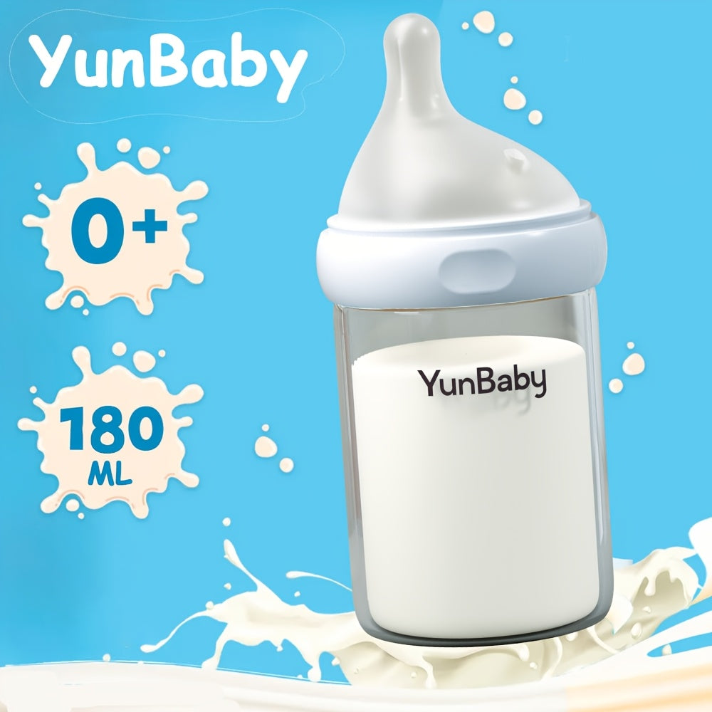 Slow Flow Glass Baby Bottles by YunBaby, 180 mL White Feeding Bottles with Listed Natural Rubber Nipples, Newborn 0+ Label and 1–6 Pack Options