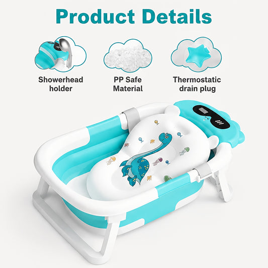 Portable Dinosaur-Shaped Baby Bathtub Collapsible with Soft Bath Net, Foldable Infant to Toddler Bath Tub, Non-Slip Feet, Space-Saving Travel Bathtub for Newborns and Toddlers