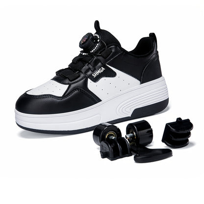Boys Mesh Roller Sneakers with Removable Wheels, Black Low-Top Skate Shoes with TPR Insole and 2-Wheel or 4-Wheel Options for Outdoor Play
