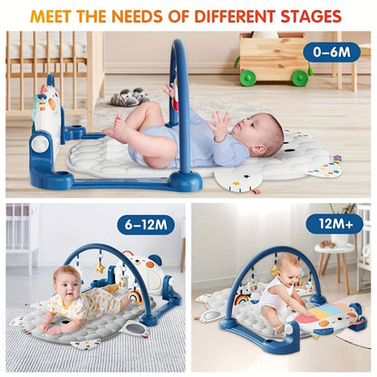 Kick Piano Baby Activity Gym with 5 Detachable Hanging Toys, Blue Play Mat for Supervised Tummy Time, Reaching and Everyday Floor Play