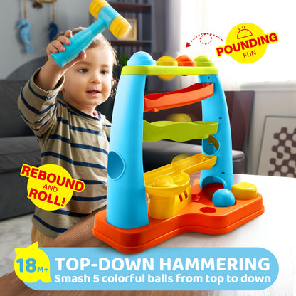 Toddler Ball Drop Toy with Hammer, Four-Tier Pounding and Rolling Track with 5 Colorful Balls for Cause-and-Effect Play, Ages 18 Months and Up