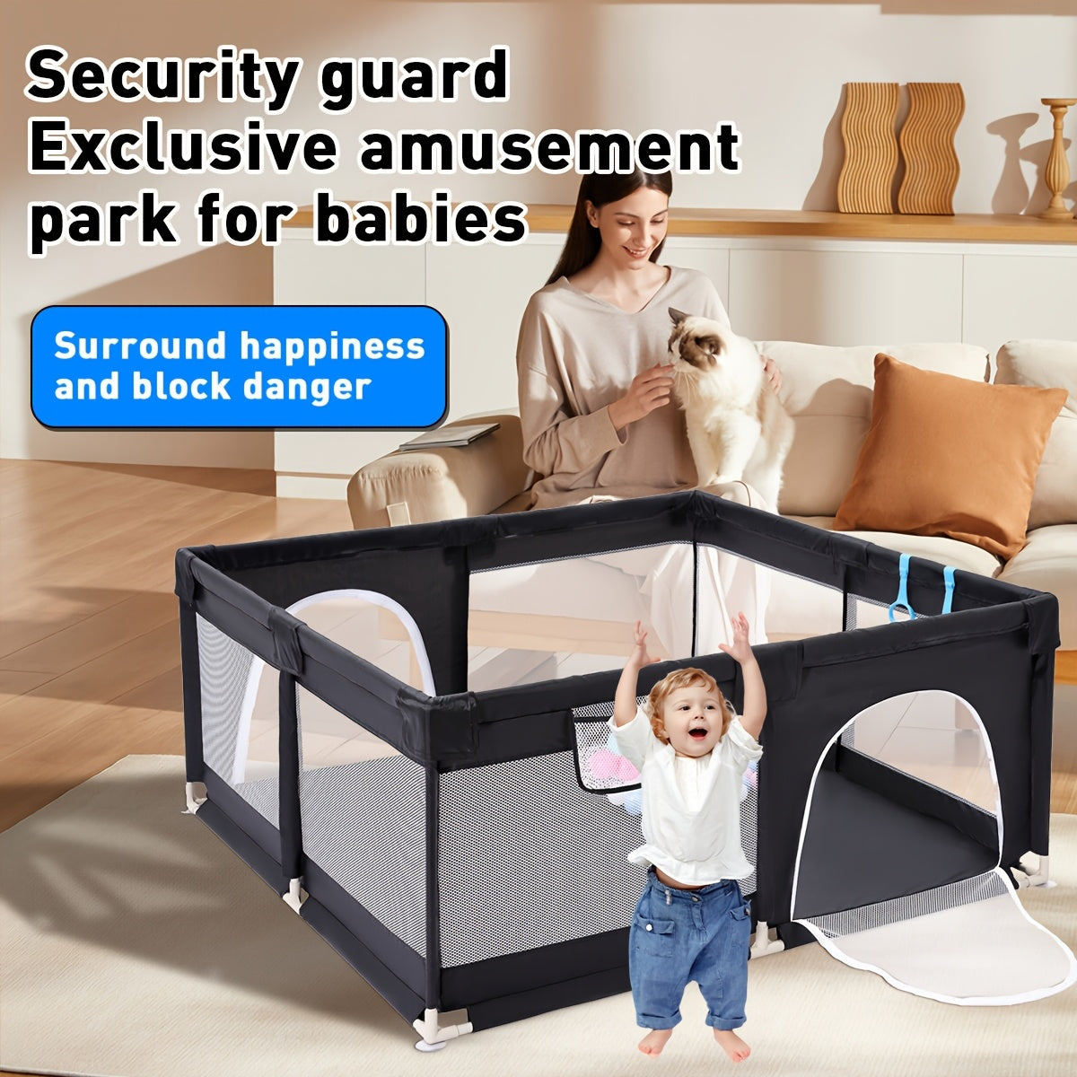 47 x 47 Inch Baby Playpen for Indoor and Outdoor Activity, Black Mesh Play Yard Fence for Babies and Toddlers with Soft Fabric Sides