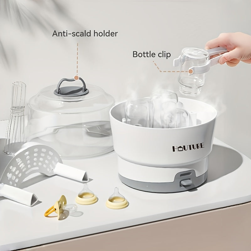 One-Button Baby Bottle Steam Sterilizer, BPA-Free White Countertop Sanitizer with Accessory Rack and Auto Shut-Off for Compatible Feeding Parts