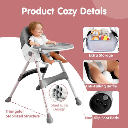 7-in-1 Convertible High Chair by Aprpink, Adjustable Folding Baby Feeding Seat with Dual-Layer Tray, Wipeable PU Cushion and 5-Point Harness