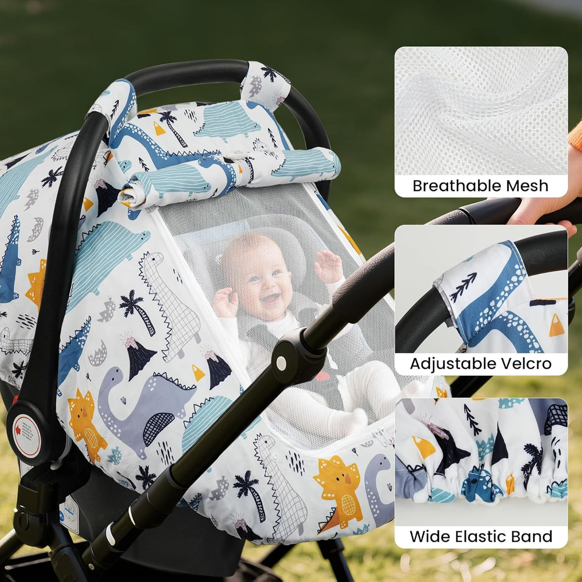 Blue Dinosaur Baby Car Seat Canopy Cover, Lightweight Infant Carrier Shade with Two-Layer Mesh Windows for Supervised Stroller Outings and Travel