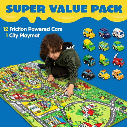 Pull-Back Car City Play Rug Set, 12 Friction-Powered Vehicles with a 58.5 × 31.5-Inch Road Map Carpet for Pretend Play, Ages 3+