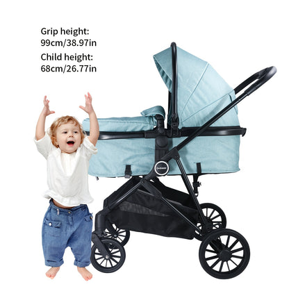 Reversible Baby Stroller with Parent-Facing and World-Facing Modes, Bassinet Configuration, Canopy and Storage Basket for Family Outings