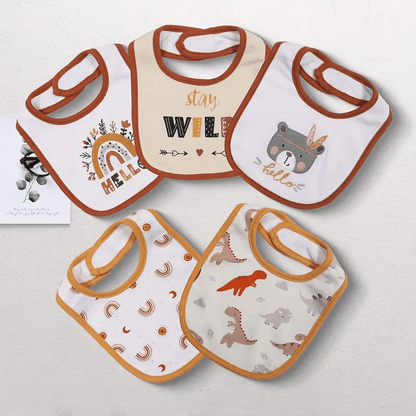 Embroidered Baby Feeding Bibs 5-Pack, Soft Absorbent Cotton Outer Layer with Cartoon Designs for Infant Mealtimes and Drool, Boys and Girls