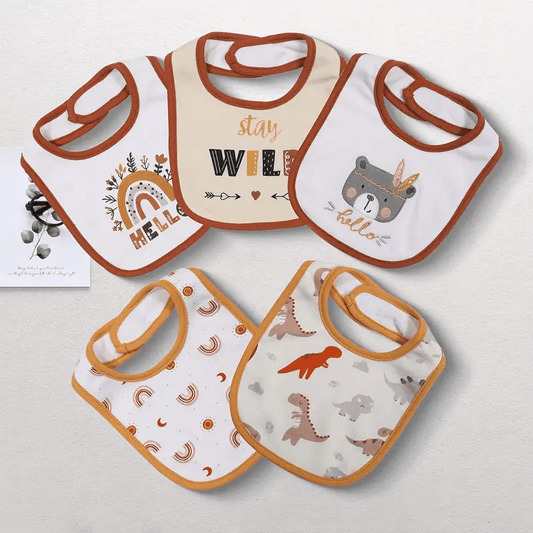 Embroidered Baby Feeding Bibs 5-Pack, Soft Absorbent Cotton Outer Layer with Cartoon Designs for Infant Mealtimes and Drool, Boys and Girls