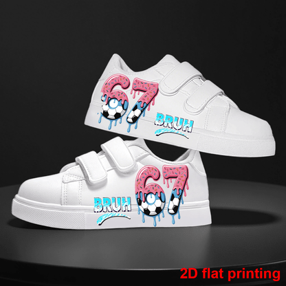 Kids Cartoon-Print Sneakers with Hook-and-Loop Closure, Low-Top Sports Shoes for Toddlers, Little Kids and Big Kids, White Pair for School, Play and Daily Wear
