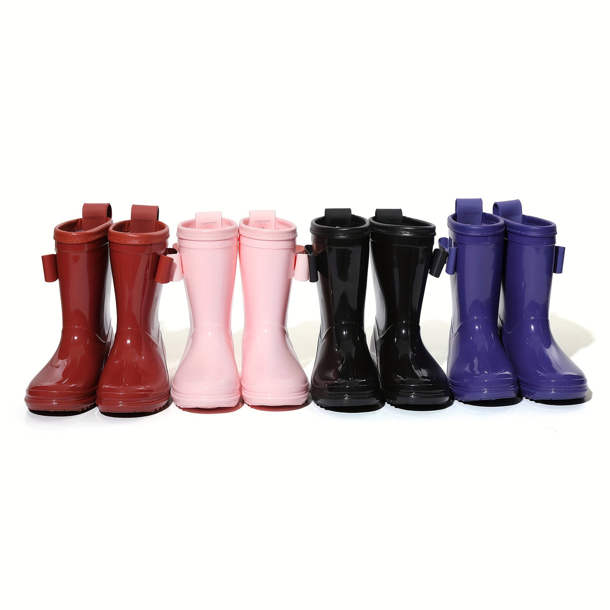 Girls Bow Rain Boots with Pull Tabs, Lightweight One-Piece Molded Toddler and Little Kid Boots in Pink, Burgundy, Dark Violet or Black for Rainy-Day Outings