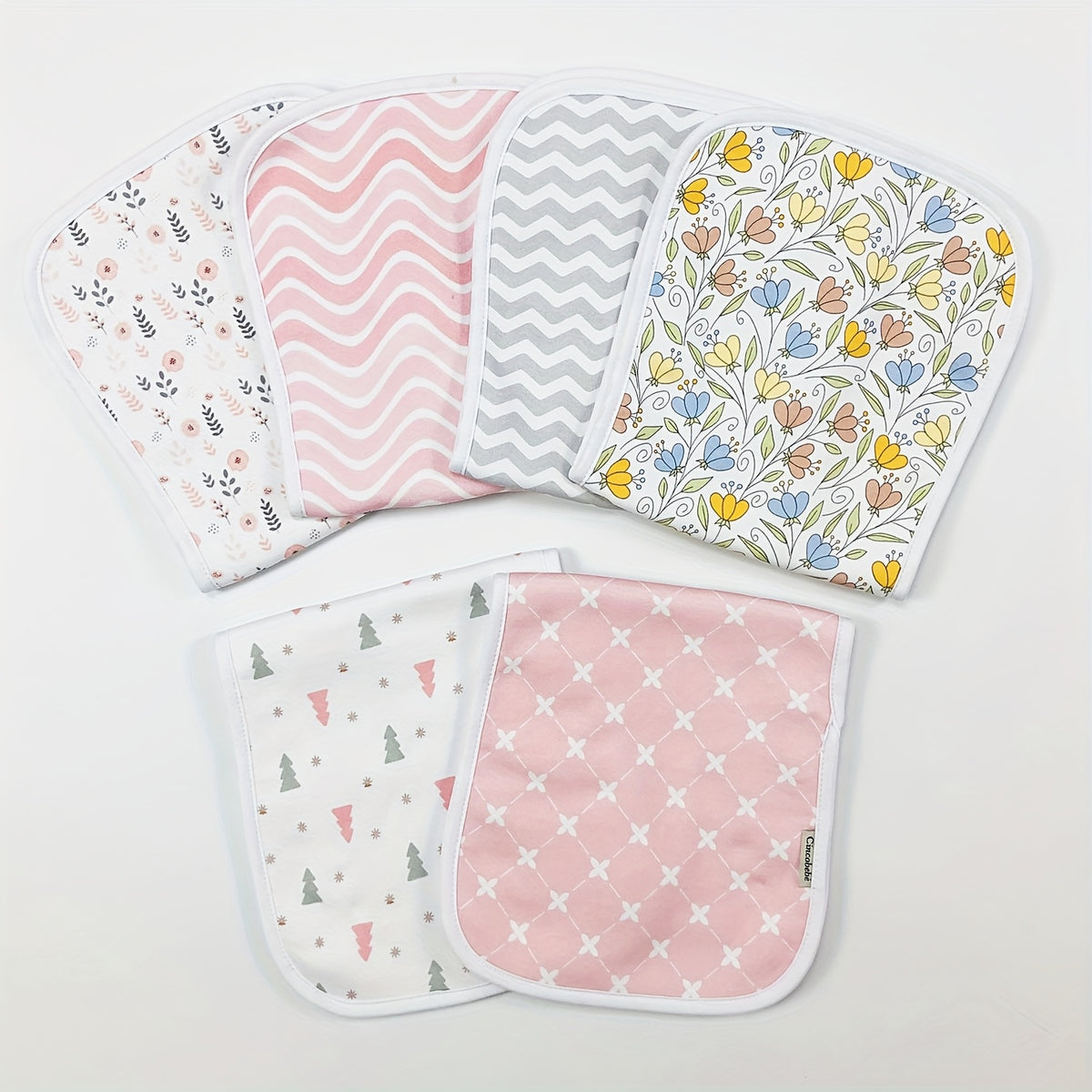Newborn Burp Cloths 6-Pack, Soft Breathable Contoured Spit-Up Cloth Set with Cartoon Prints for Baby Boys and Girls and Everyday Feeding