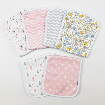 Newborn Burp Cloths 6-Pack, Soft Breathable Contoured Spit-Up Cloth Set with Cartoon Prints for Baby Boys and Girls and Everyday Feeding