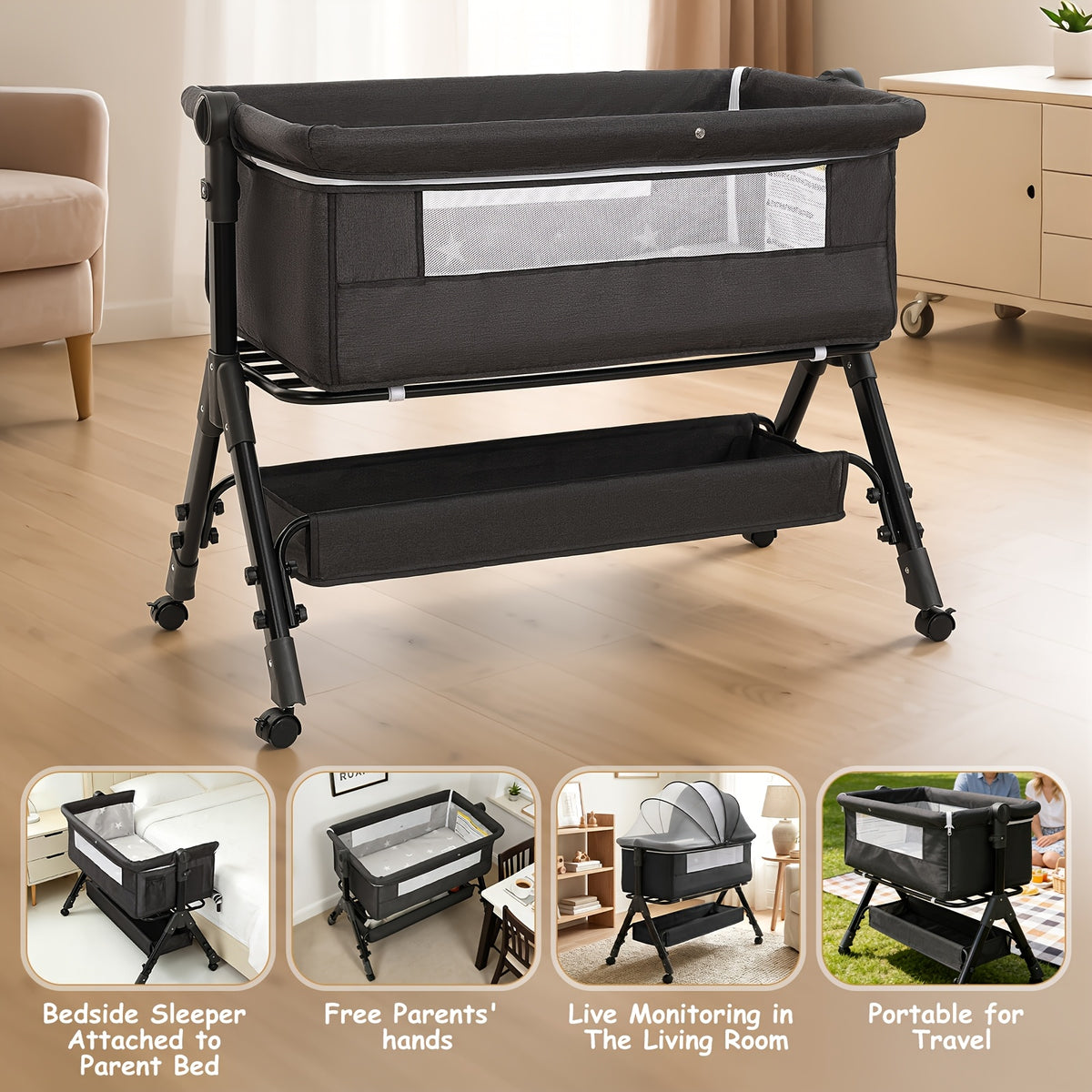 3-in-1 Baby Bassinet Bedside Sleeper with Wheels, Infant Cradle in Black, Gray or Pink with 17.61 lb Product Weight and Listed 33 lb Limit