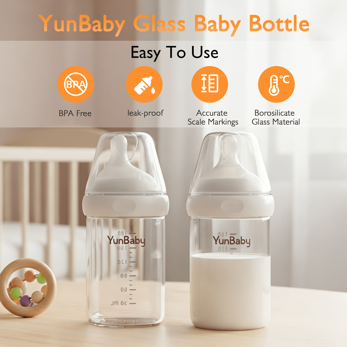 Slow Flow Glass Baby Bottles by YunBaby, 180 mL White Feeding Bottles with Listed Natural Rubber Nipples, Newborn 0+ Label and 1–6 Pack Options
